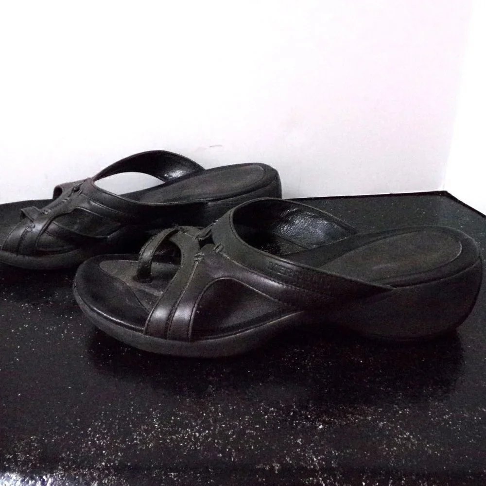 Merrell Black Sundial Spin Wedge Sandals Leather